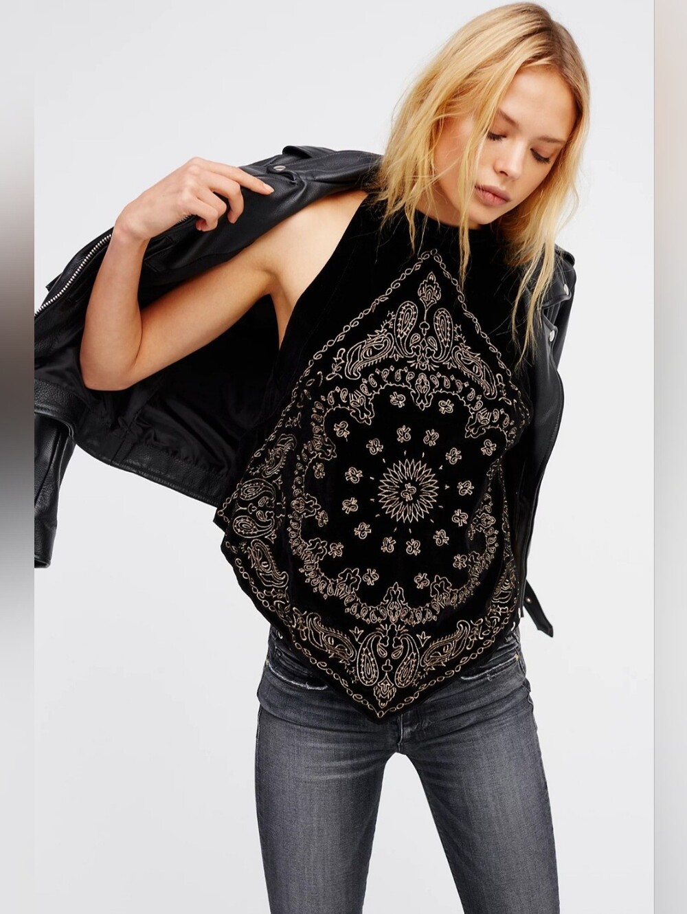 Free People Bandana bling gold embroidered black velvet top size small